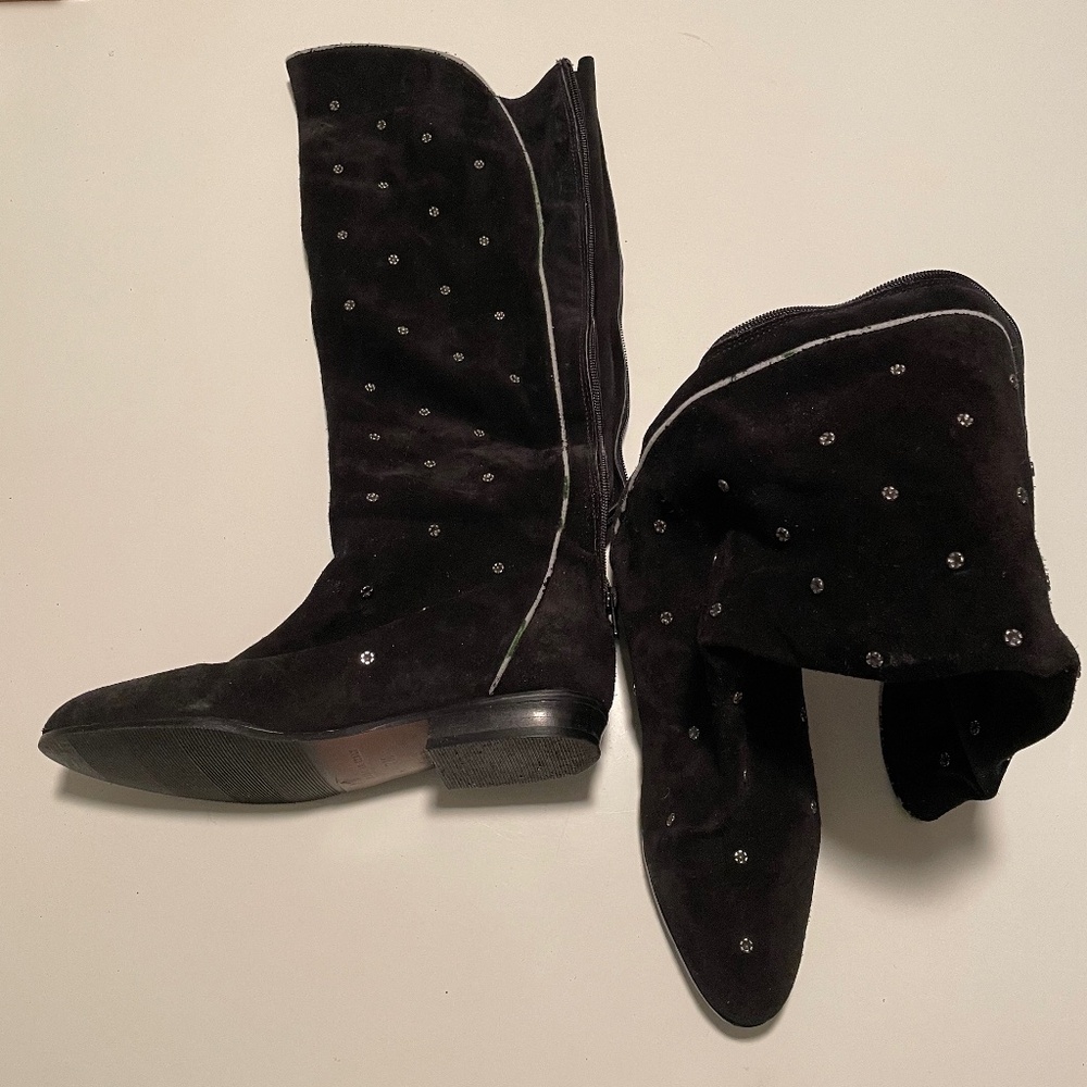 Vintage CLICKS Black Suede Knee High Boots With Silver Studs Made in Italy Sz 7